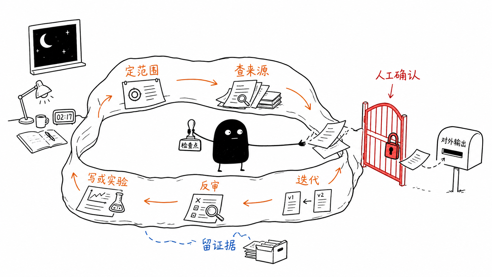 小黑在夜间研究循环里盖检查点章，外部输出前有人工确认闸门